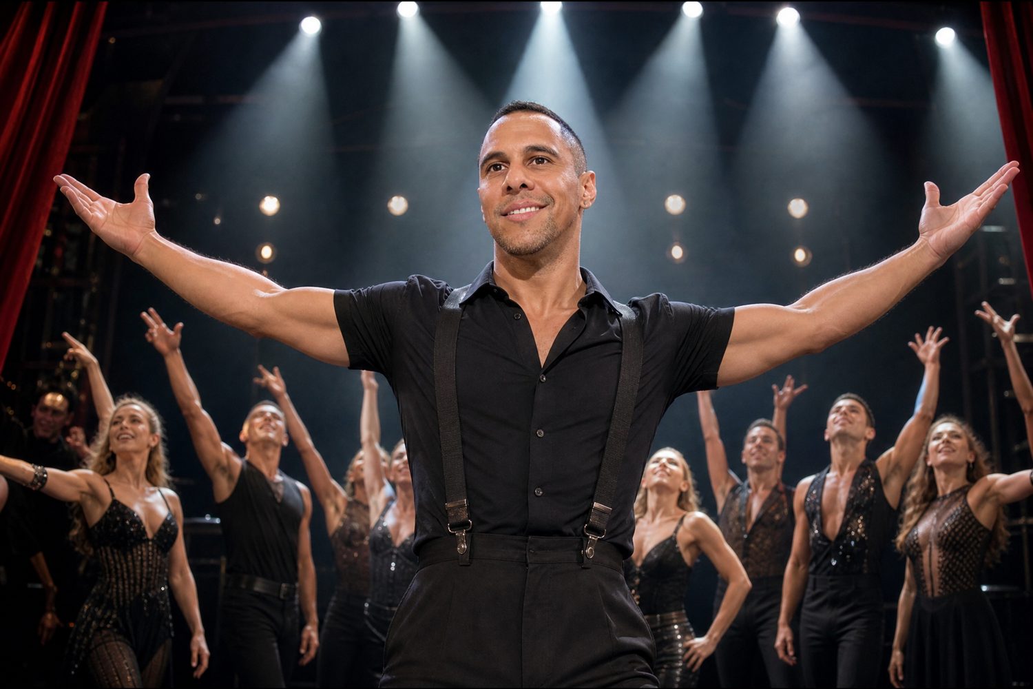 Gusti on a theater stage, arms wide, with a cast behind him