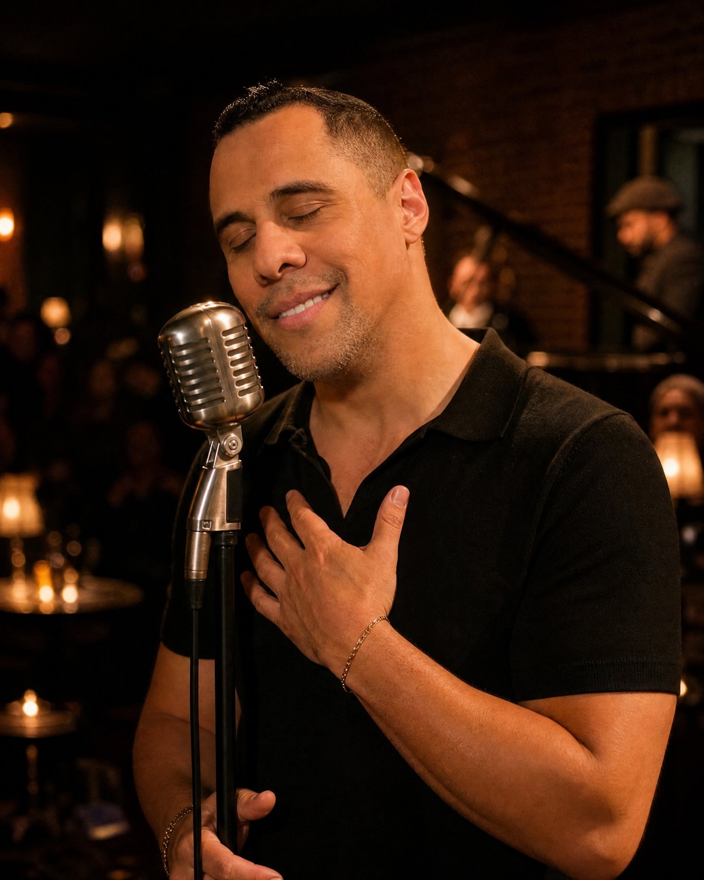 Gusti singing into a vintage microphone